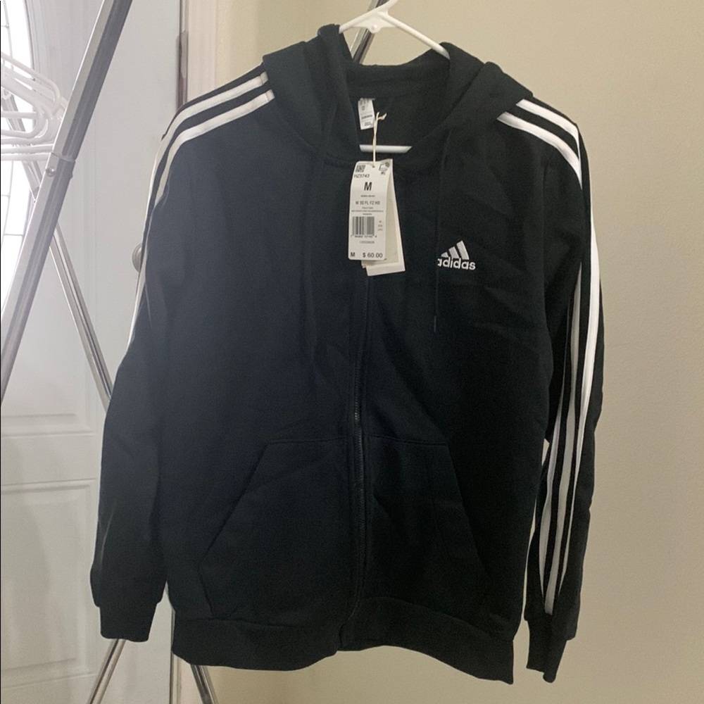 Adidas Women Black Full Zip Hoodie with White Stripes Size M
